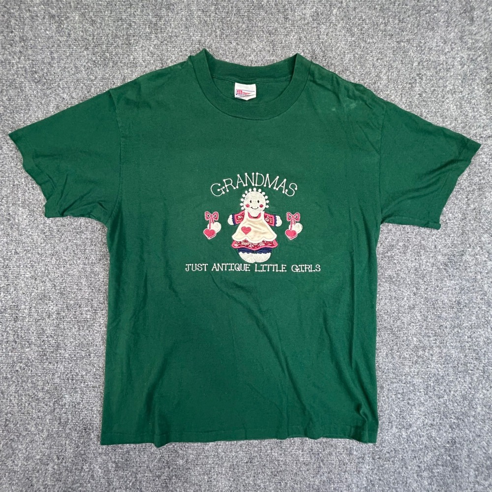 Vintage Hanes Beefy Grandmas Just Antique Little Girls Embroidered Shirt Green L